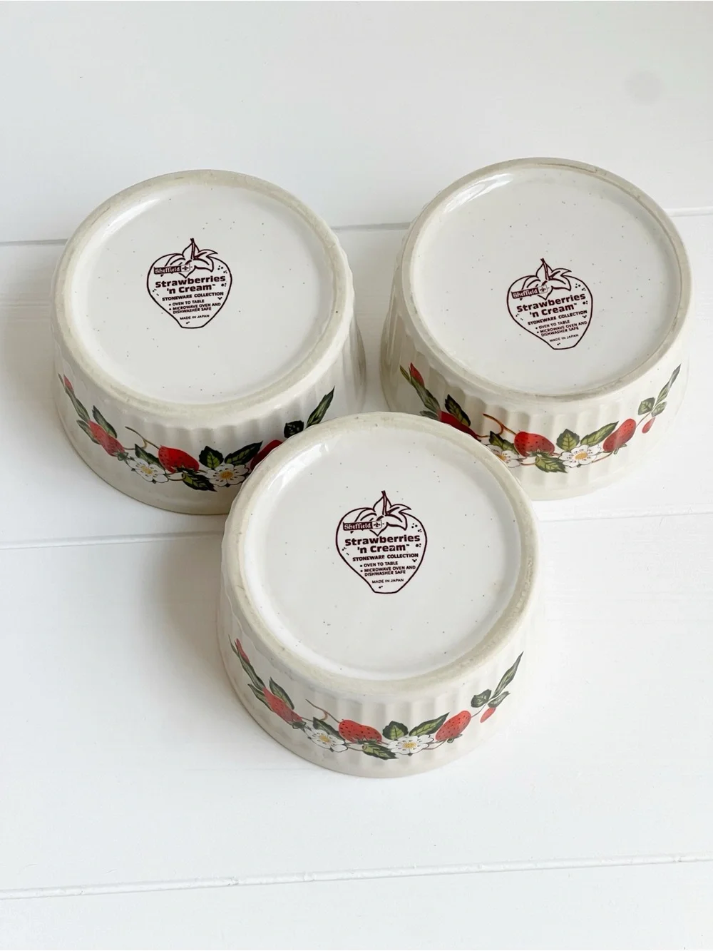 Vintage Sheffield Japan Strawberry Stoneware Ramekins Set of 3 Ribbed Bowls